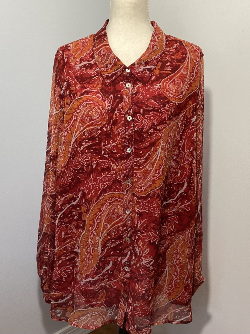 NWOT SOFT SURROUNDINGS 3X BLOUSE BURGUNDY PAISLEY BUTTON FRONT LINED CLASSIC